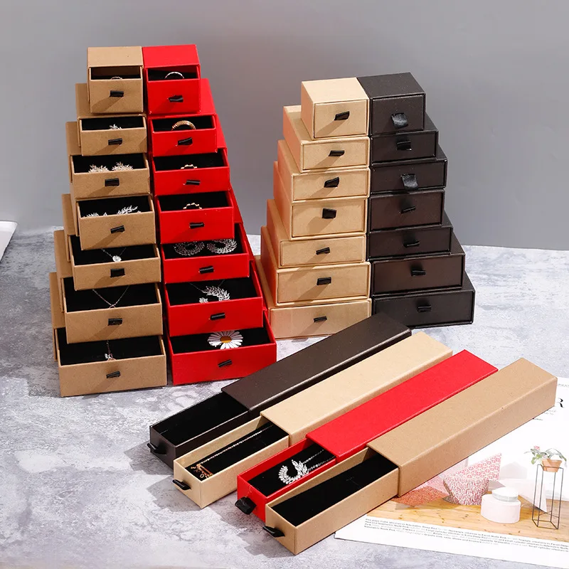 10шт Красочных картонных упаковочных коробок для набора ювелирных изделий Для кольца, ожерелья, браслета, кулона, красного, черного Кофе, ювелирных изделий, футляра для упаковки