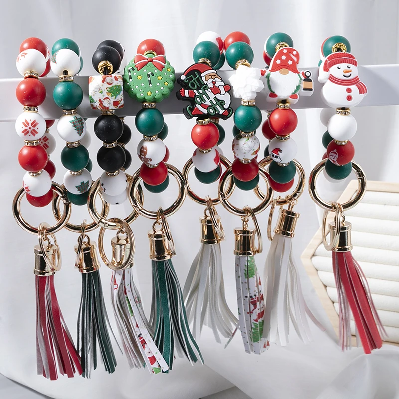 1ШТ Рождественские Красочные Силиконовые бусины, браслеты Санта-Клауса, Брелки для ключей, кольца для ключей для женщин, Подарочный брелок, Браслеты на запястье Оптом
