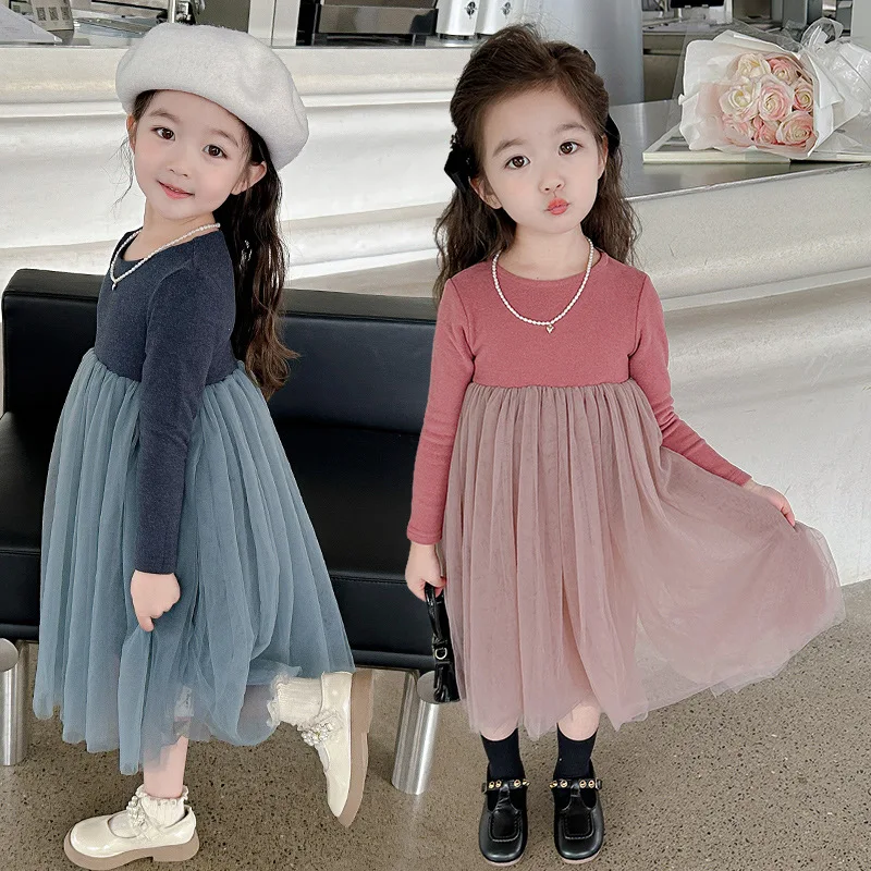 2023 Новое сетчатое платье принцессы для дня рождения с длинными рукавами для маленьких девочек, элегантные весенне-осенние платья для девочек, детская праздничная одежда