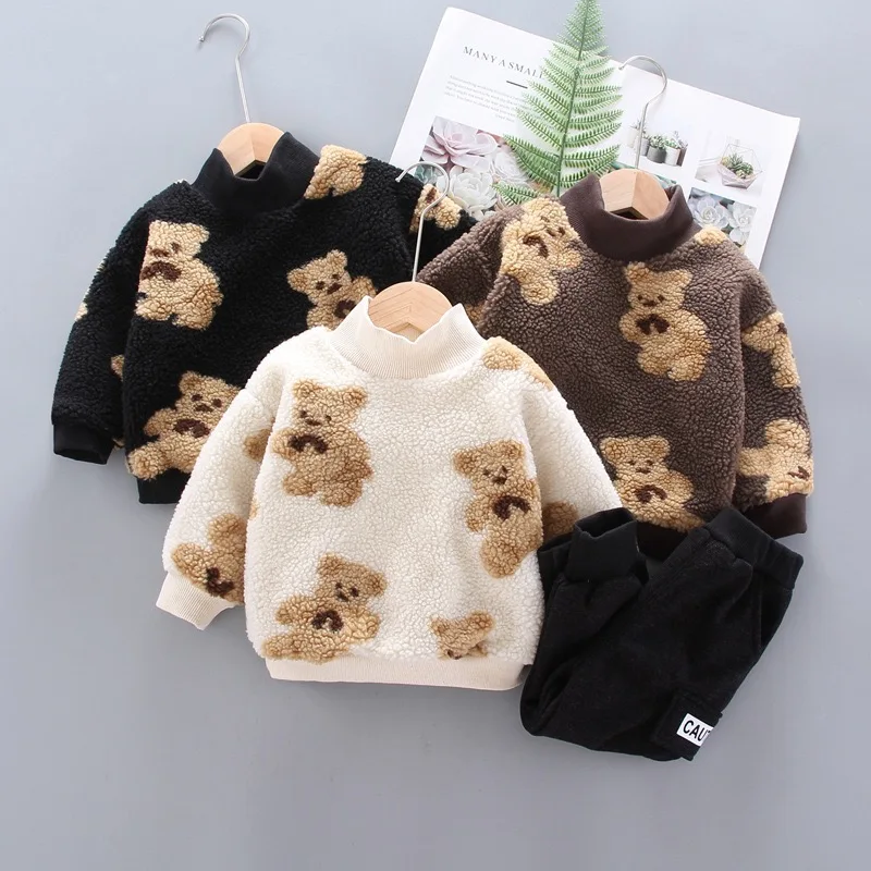 2023 Новый осенне-зимний комплект из двух предметов для мальчиков с двойным уплотнением, корейский повседневный пуловер, свитер + плотные брюки
