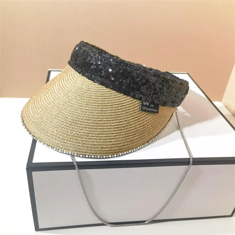 2023 Новый Пустой цилиндр, женская цепочка с блестками, Натуральная Соломенная шляпа, летняя пляжная кепка для защиты от солнца на открытом воздухе