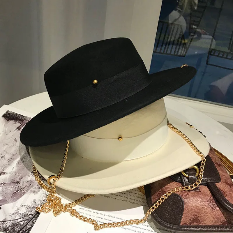 202306-shi шикарная осенне-зимняя шерстяная фетровая мода Золотое Кольцо Жемчужная цепочка женские фетровые шляпы женская панама для отдыха джазовая шляпа