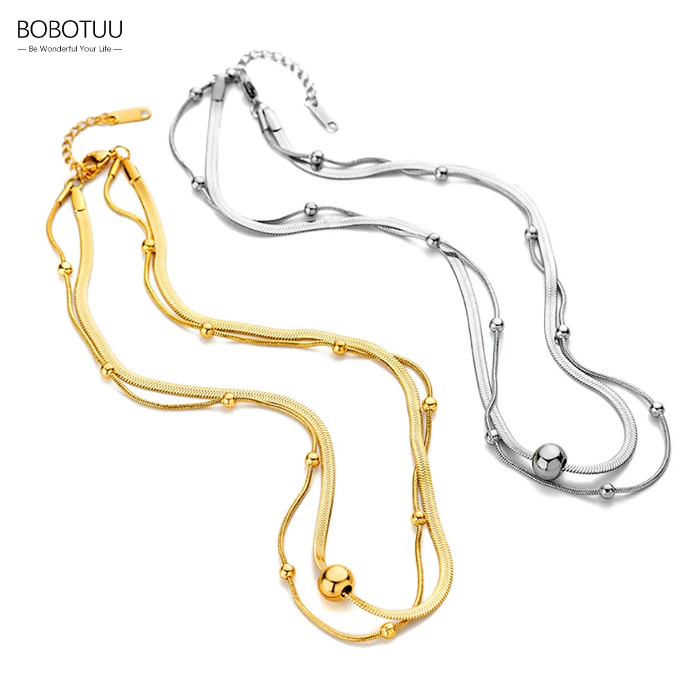 BOBOTUU Модные Ожерелья с круглыми шариками из нержавеющей стали, Двухслойные цепочки в виде змей, колье-чокер для женщин и девочек BN22149