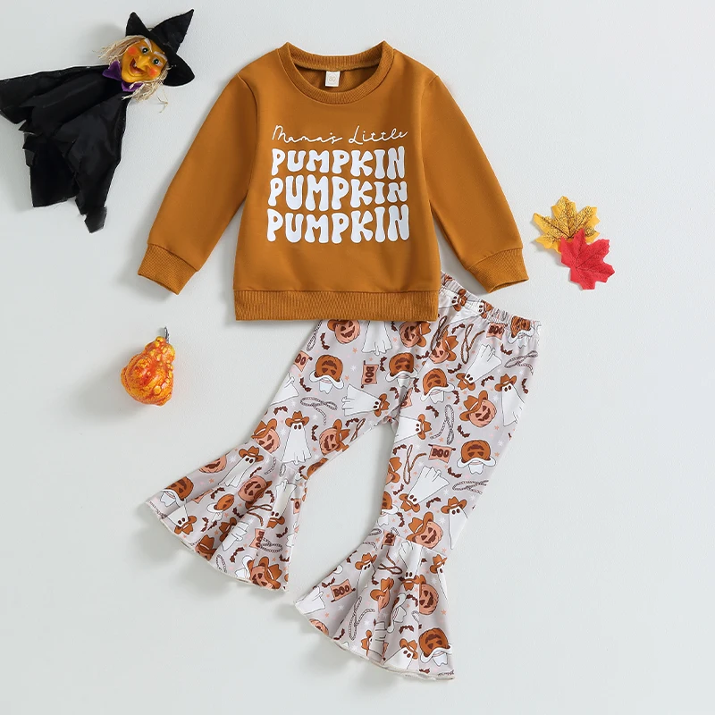 Citgeett, Осенняя одежда для маленьких девочек на Хэллоуин, топы с длинными рукавами с буквенным принтом и эластичные расклешенные брюки с принтом тыквы