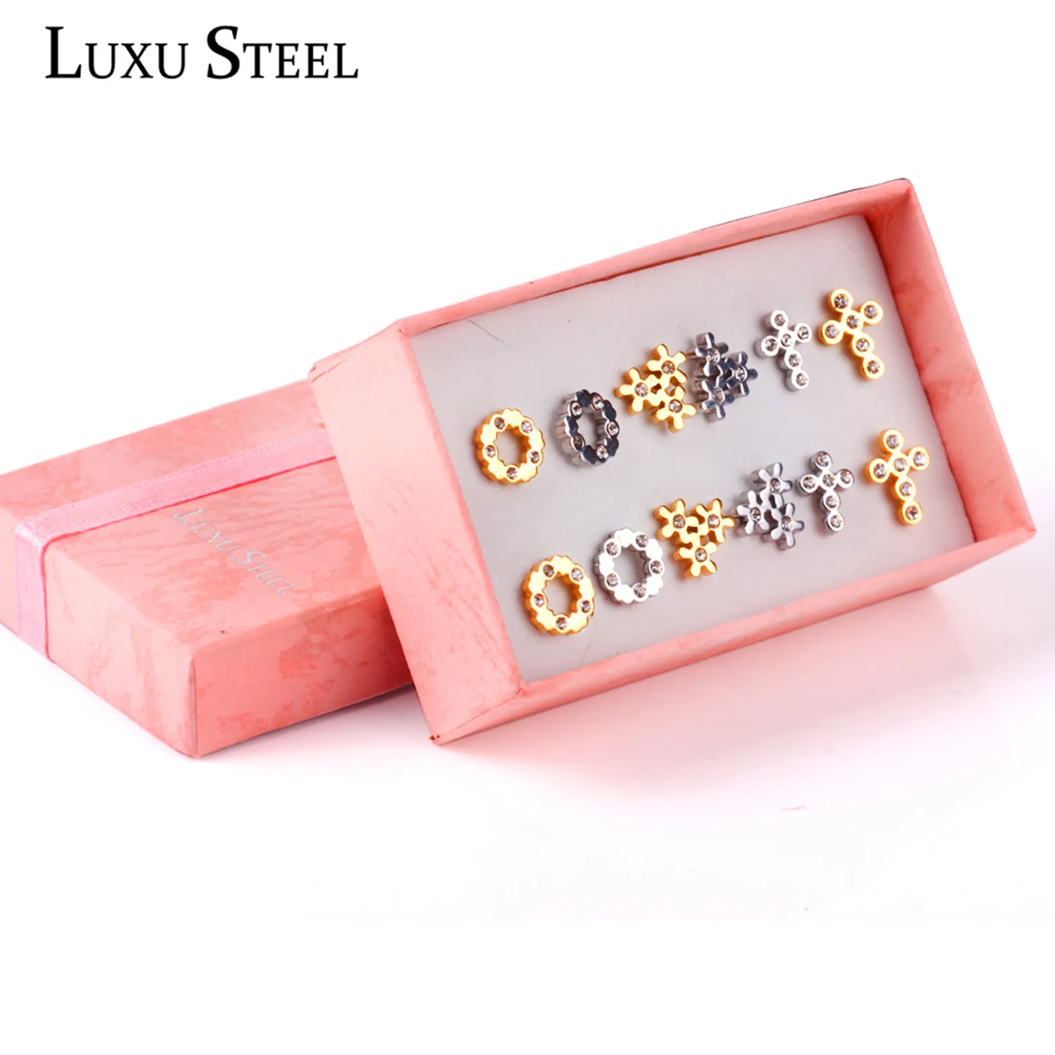 LUXUSTEEL, 6 пар / коробка, Наборы сережек с кубическим цирконием, Нержавеющая сталь, Разноцветные серьги-гвоздики в виде креста/Цветка /Круглой формы, женская бижутерия