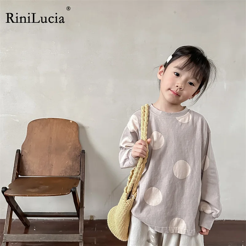 RiniLucia 2023/ Детская футболка для мальчиков и девочек, детские рубашки с длинными рукавами и принтом в горошек, повседневные свободные футболки для малышей, летняя одежда