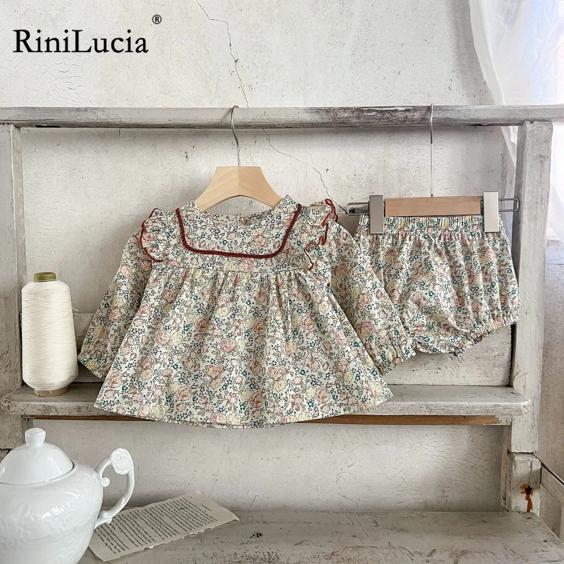 RiniLucia Одежда для маленьких девочек 0-24 месяцев Рубашки с длинным рукавом и цветочным принтом Шорты Комплект одежды из 2 предметов 2023 Осень Костюмы для новорожденных