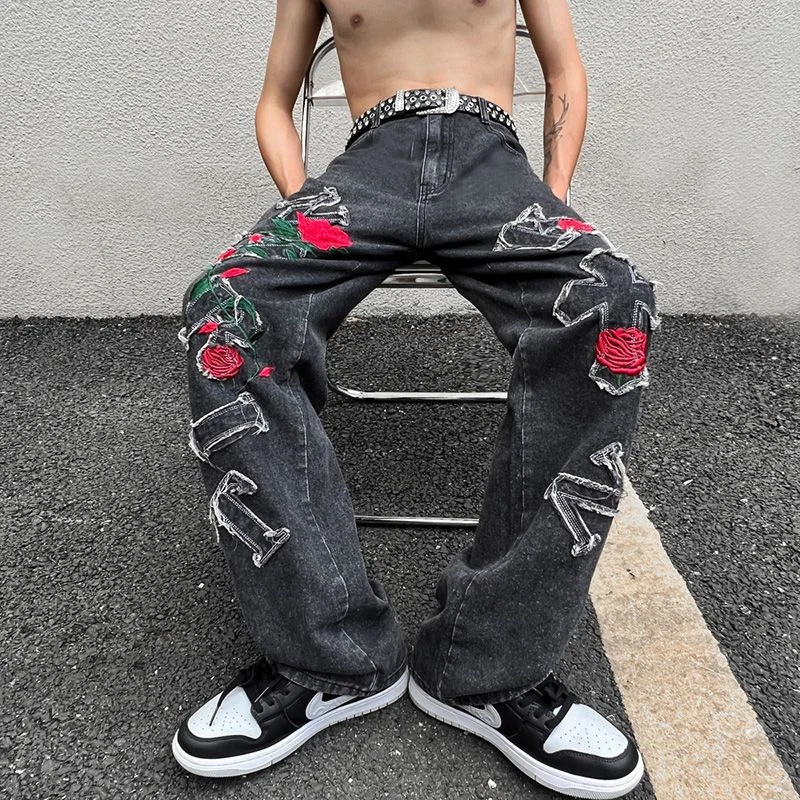 Y2k Мешковатые джинсы в стиле хип-хоп в Европе и Америке, свободные широкие брюки с объемной вышивкой в виде роз, уличные мужские брюки Chaogao