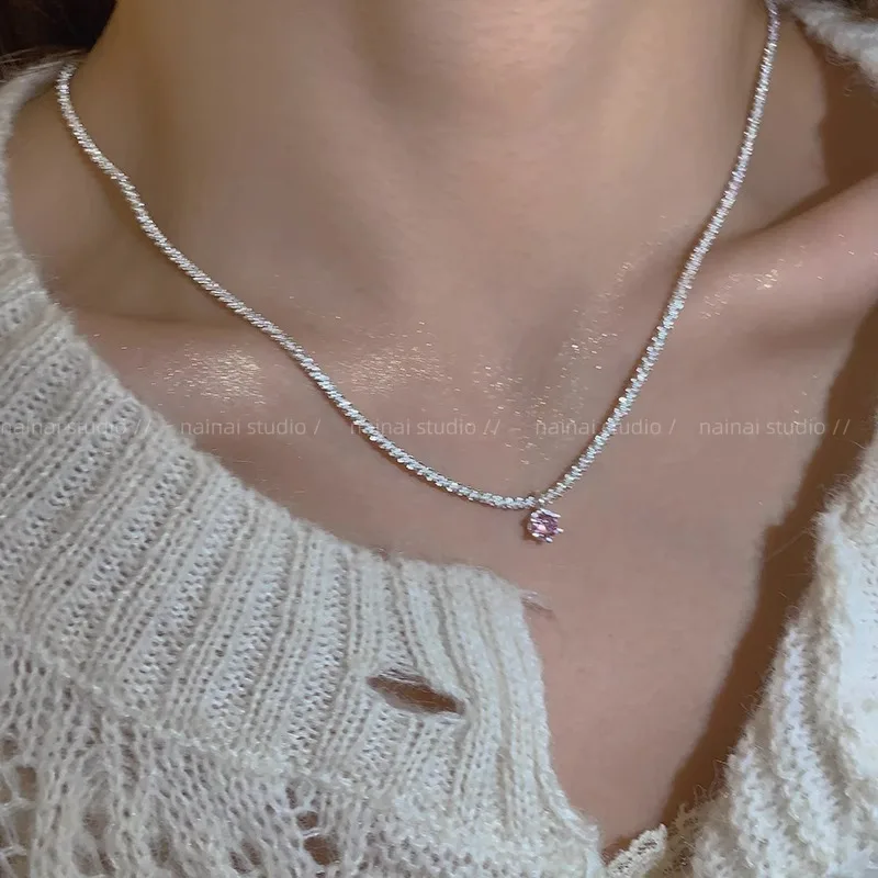 Y2k Модные ожерелья с подвеской из розовых циркониевых бусин Для женщин, Очаровательное Эстетическое ожерелье с цепочкой на ключицу, подарок для вечеринки e504
