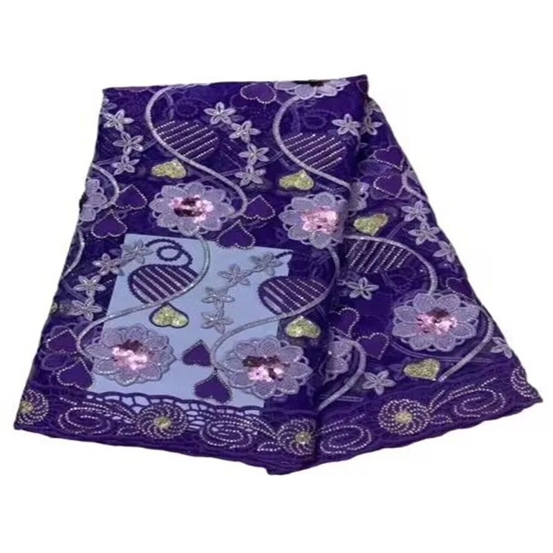Африканская кружевная ткань, Французская сетка, ткань с пайетками, 2023 Фиолетовый, Высококачественное шитье, Вышитое кружево, Тюль, Нигерийская кружевная ткань, 5 ярдов
