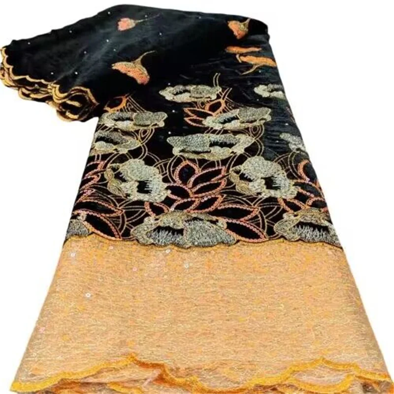 Бархатная кружевная ткань С водорастворимой кружевной тканью оранжевого цвета, Новейшая вышивка, цветные пайетки, Африканская кружевная ткань Популярного стиля