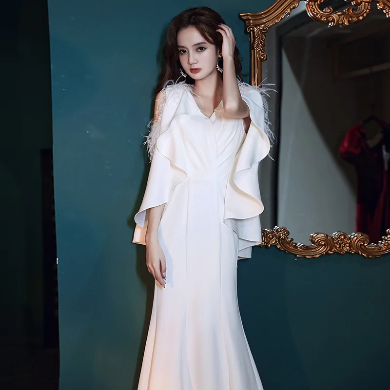 Белое вечернее платье С юбкой, Новый женский банкетный темперамент, королева рыбьего хвоста, Элегантная атмосфера, костюм длиной до пола для особых случаев