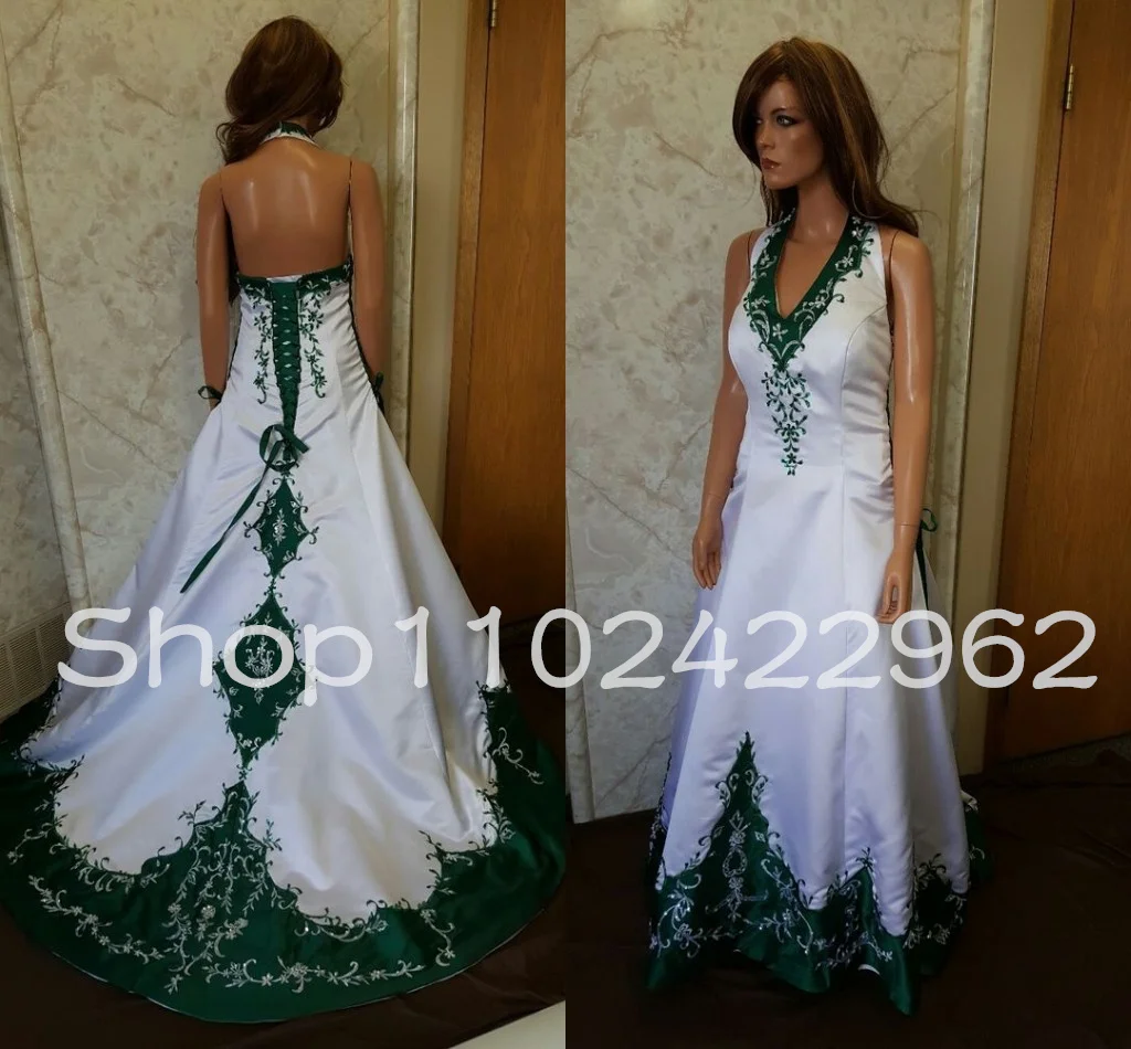 Белые свадебные платья на бретелях с изумрудно-зеленой отделкой, винтажное свадебное платье в стиле Вестерн, расшитое бисером, на шнуровке