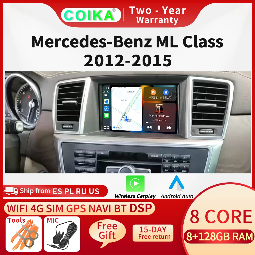 Беспроводной Carplay Auto Android 12 Автомобильный Сенсорный Экран Для Mercedes ML W166 GL X166 2012-2015 WIFI SIM GPS Navi BT DSP 8 + 128 ГБ Радио