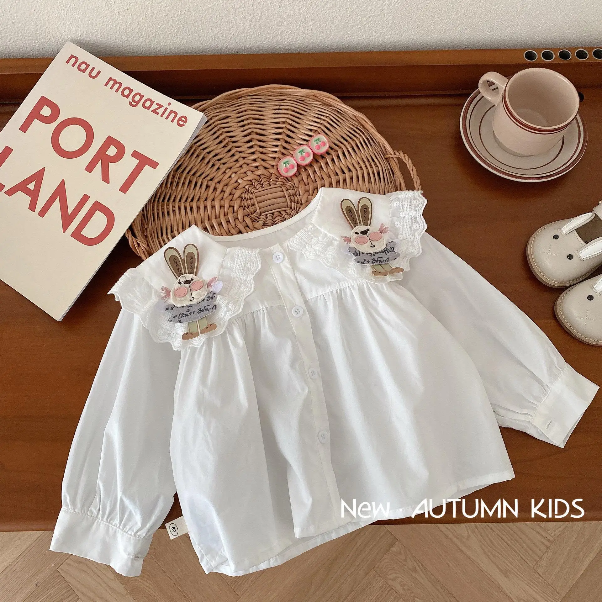 Блузки для девочек, рубашка Little Rabbit, осенняя Корейская детская одежда 1-5 лет, детский однотонный топ с рюшами на воротнике