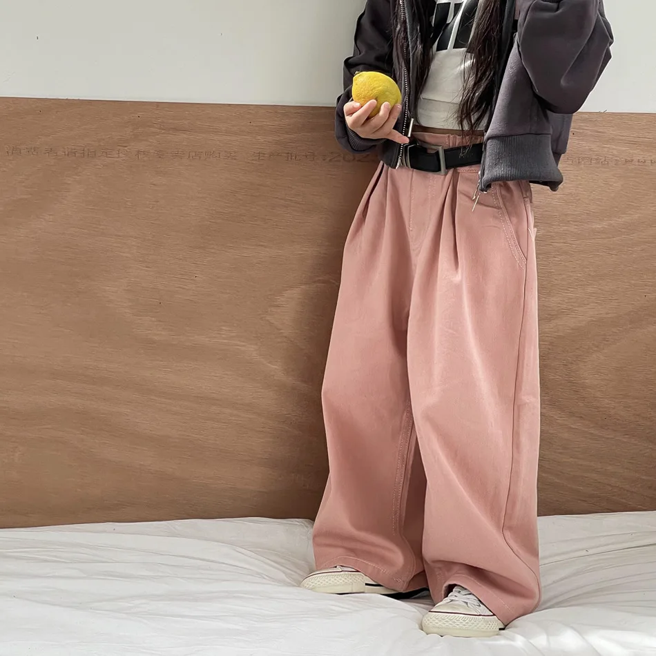 Брюки для девочек, повседневные универсальные розовые однотонные универсальные модные Корейские версии, свободные широкие брюки с эластичной резинкой на талии, полная длина