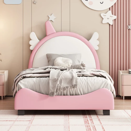 В наличии в США Милая двуспальная кровать с мягкой обивкой и изголовьем в форме единорога, кровать на платформе двух размеров с изголовьем и изножьем розового цвета