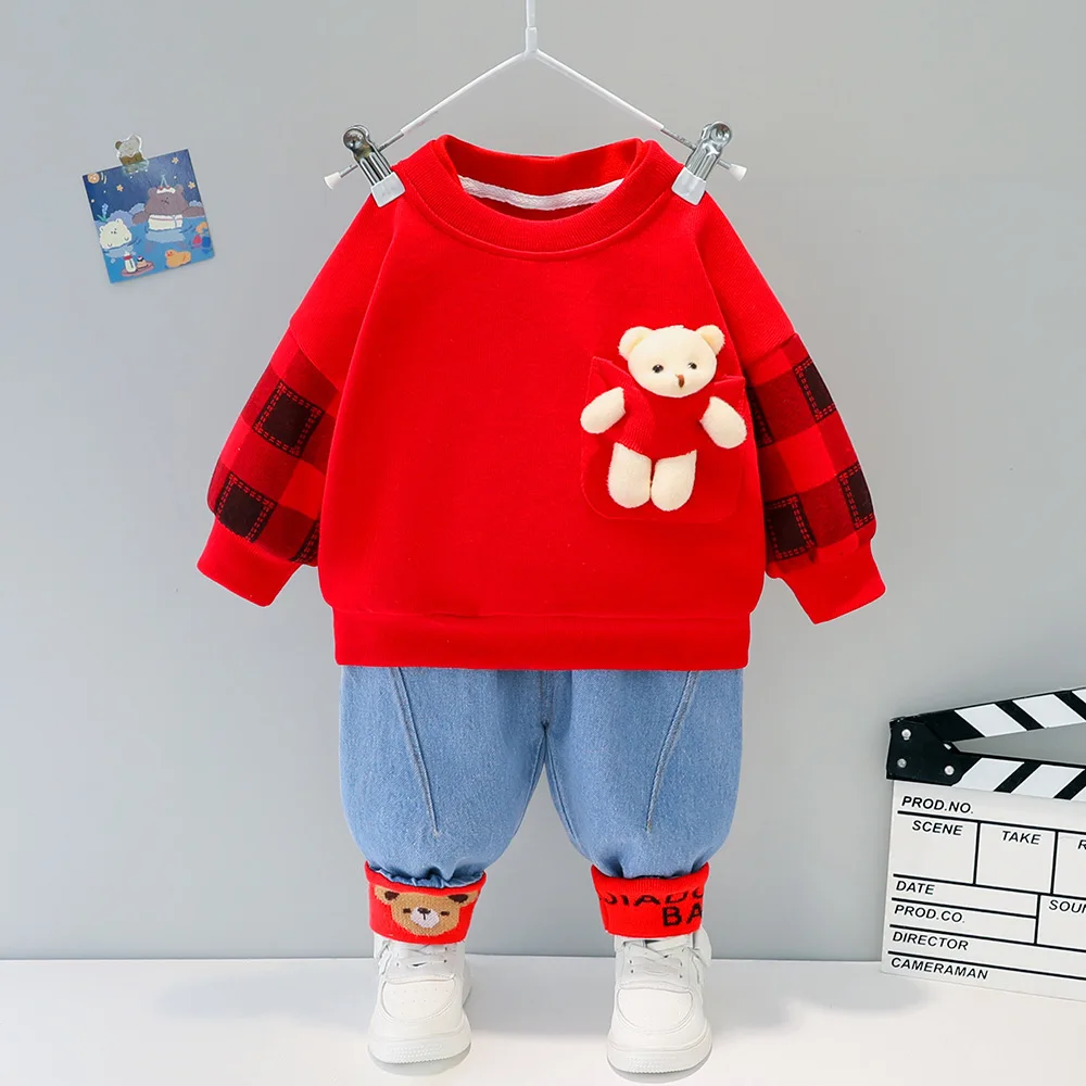 Весенне-осенний комплект одежды для детей с мультяшным медведем, повседневные топы для маленьких мальчиков и девочек, детские джинсы, 2 предмета, одежда для маленьких мальчиков от 0 до 5 лет