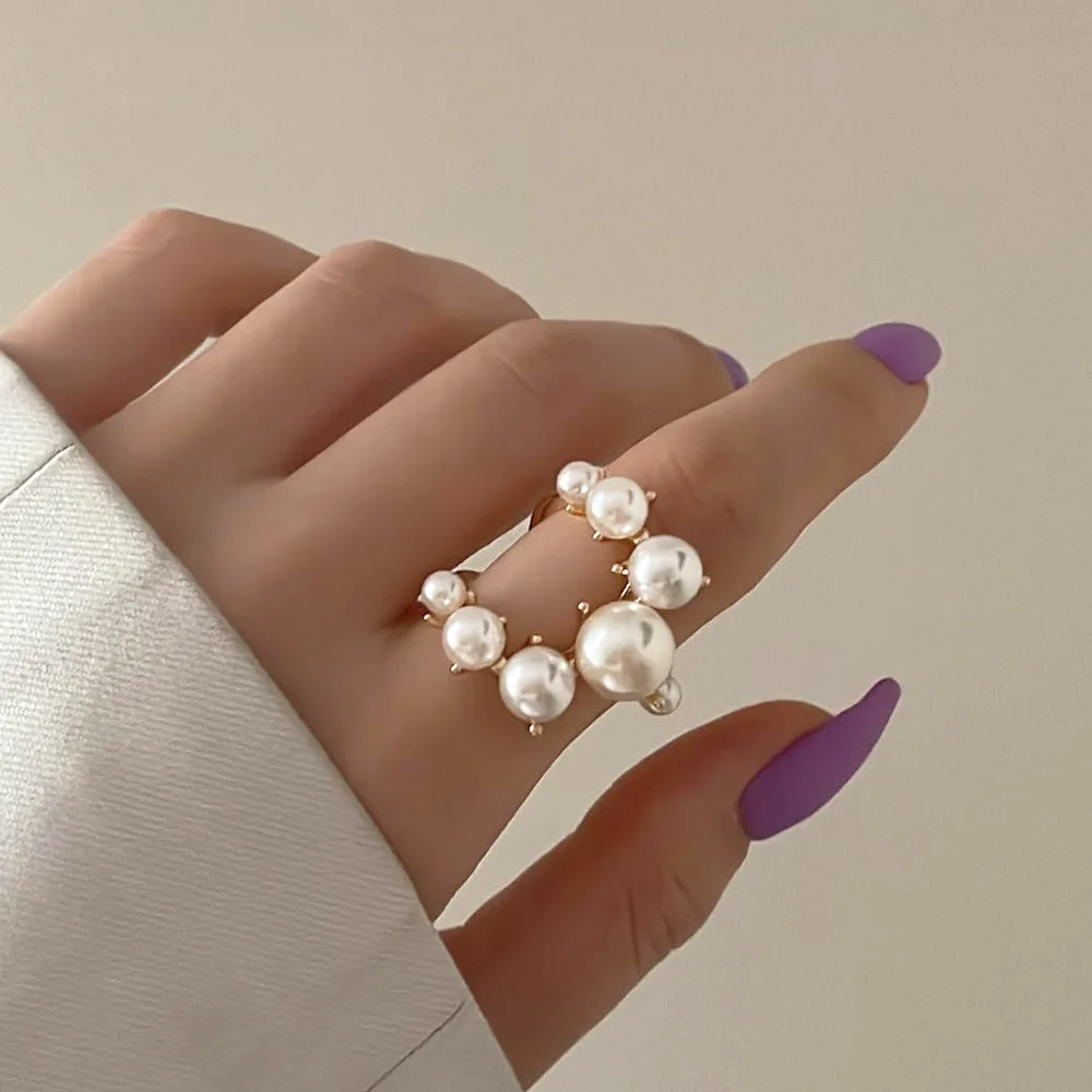Винтажные белые Двухслойные кольца с жемчугом для женщин, модные преувеличивающие Размеры, Большие геометрические кольца с кристаллами, регулируемые кольца, свадебные украшения, Бижутерия