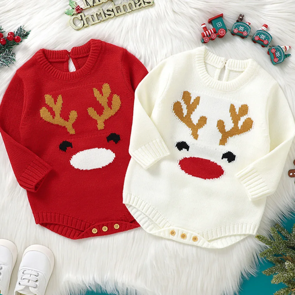 Вязаный милый Рождественский красный свитер с изображением лося, комбинезон для маленьких девочек, осенний комбинезон, Детская одежда для девочек от 0 до 12 месяцев