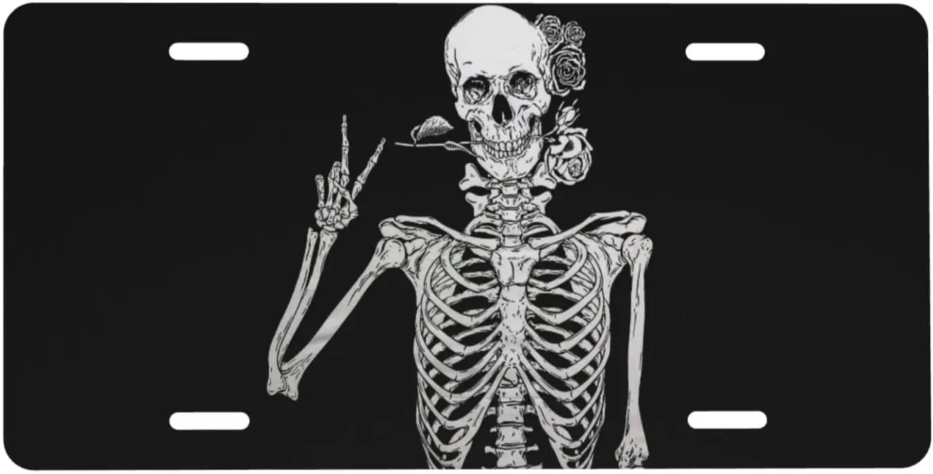 Готический скелет хиппи Номерной знак Декоративная Передняя крышка номерного знака Алюминиевая передняя бирка автомобиля Металлическая автомобильная табличка для легкового грузовика