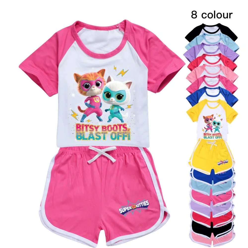 Детская одежда Super Kitties/ Летняя Повседневная футболка для маленьких мальчиков и Девочек + Короткие Штаны, Спортивная одежда, Детская Пижама, Костюм