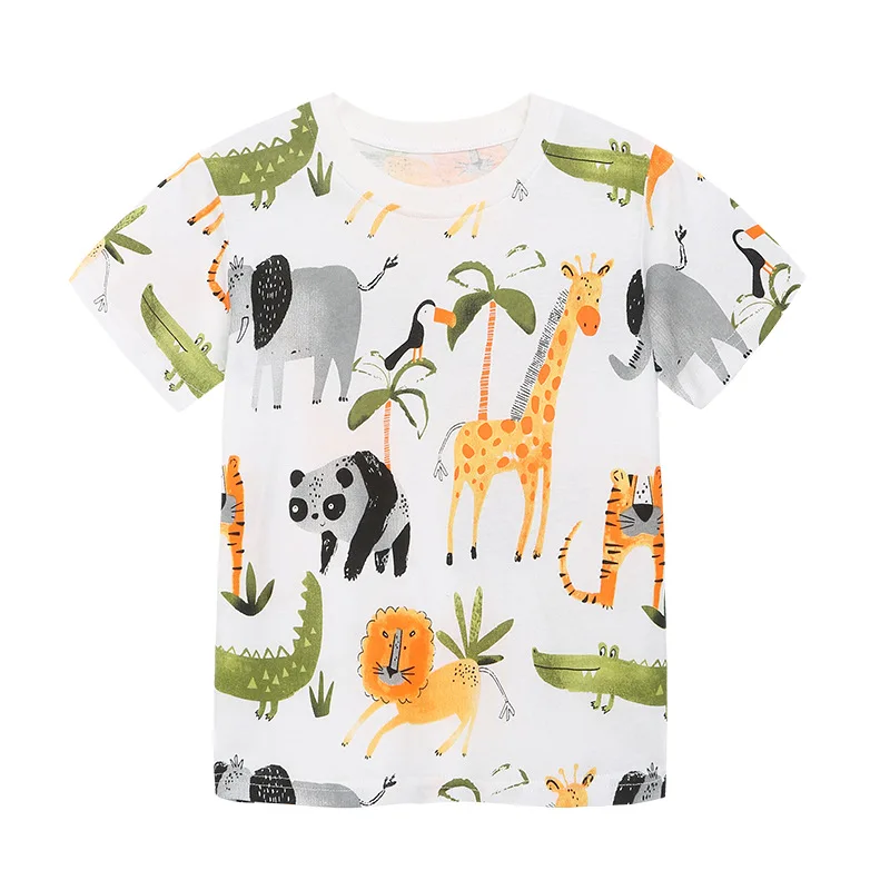 Детская повседневная футболка 2023, летняя новинка, модный трикотажный хлопковый топ для мальчиков с короткими рукавами и мультяшным принтом, повседневный простой милый детский топ