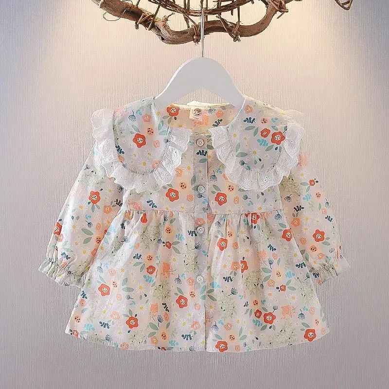 Детская рубашка-юбка для девочек, весенне-осеннее новое детское платье с длинными рукавами в цветочек, одежда для малышей