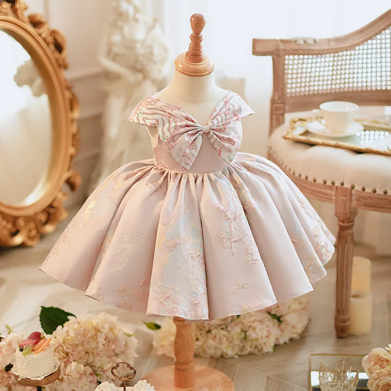 Детские платья принцессы, Розовое вечернее платье-пачка с вышивкой без рукавов и бантом, детская одежда для выступлений, свадебное платье для девочек