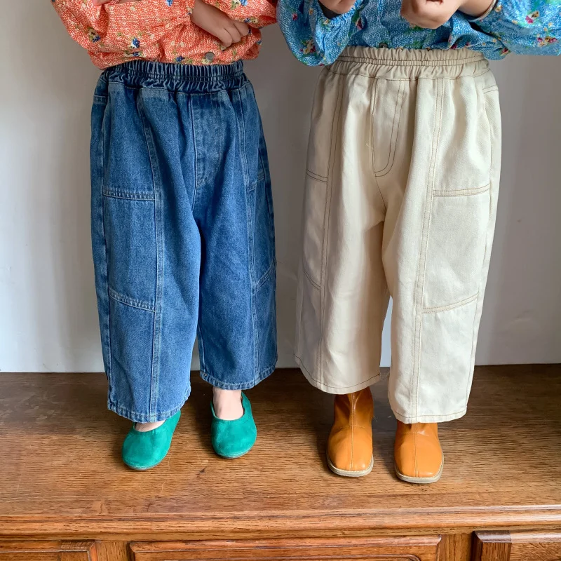Детские повседневные джинсовые брюки в корейском стиле унисекс, джинсы оверсайз для мальчиков и девочек, свободные универсальные широкие брюки от 1 до 7 лет