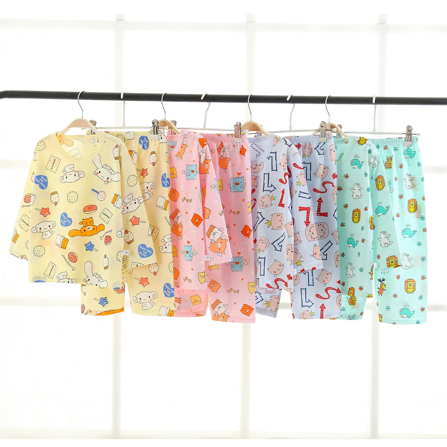 Детский костюм, летняя хлопчатобумажная пижама для мальчиков и девочек, одежда с кондиционером, пижамы с длинными рукавами, дышащие солнцезащитные пижамы, пижамы