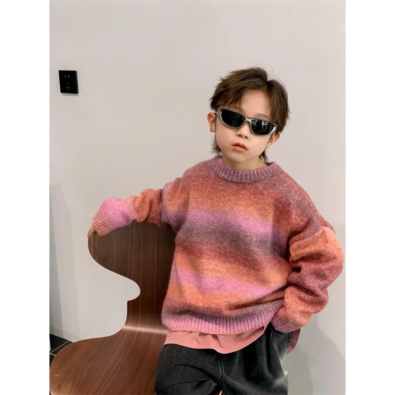 Детский свитер 2023 Весна-осень для мальчиков в Корейском стиле, свитер градиентного цвета для мальчиков, свободный модный вязаный повседневный пуловер