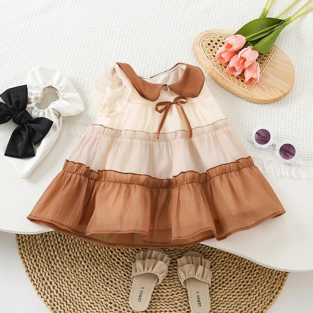 Детское летнее платье для девочек, новый летящий рукав 2023, Корейский стиль, модное Милое платье принцессы в стиле пэчворк, Милое повседневное платье для девочек