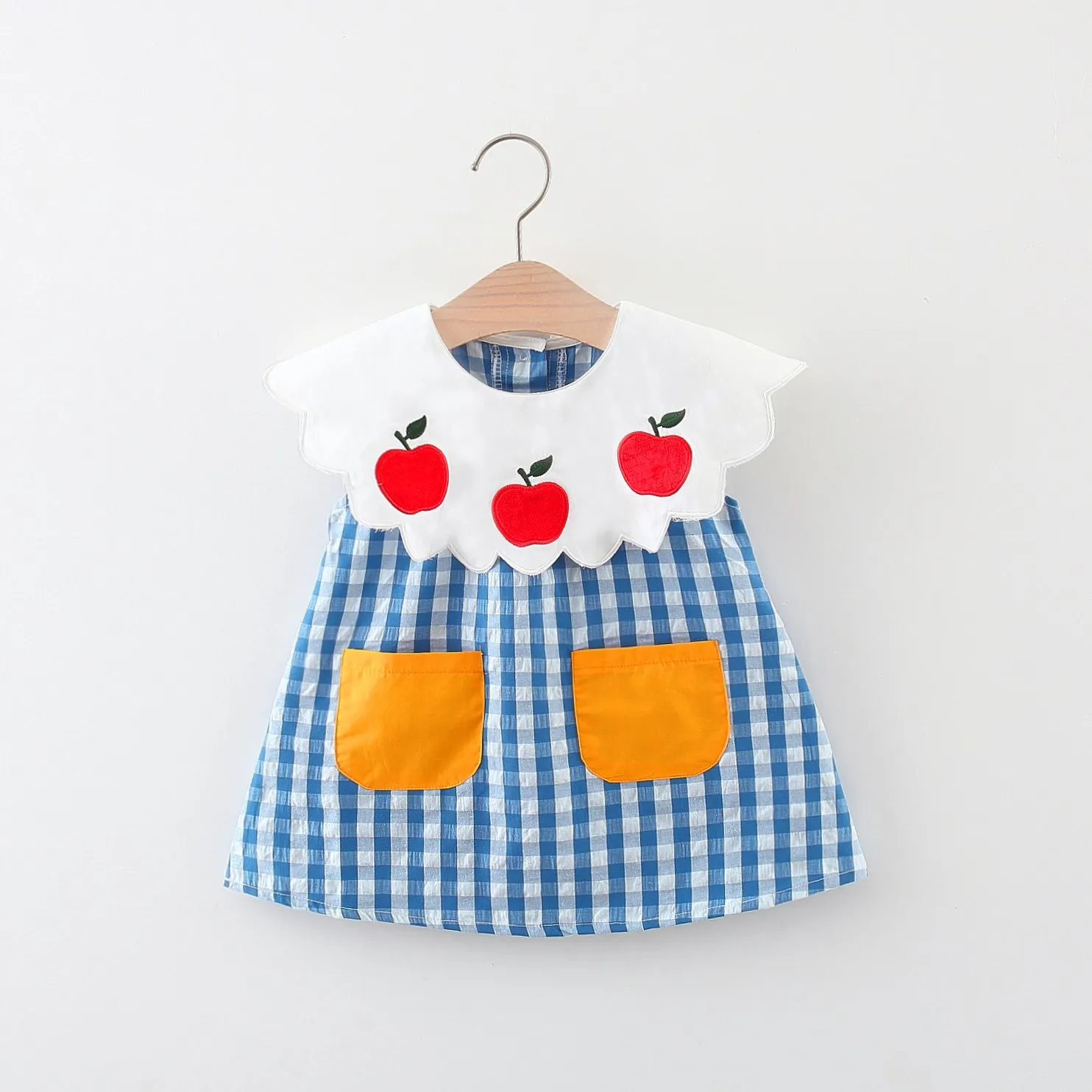 Детское платье Летнее Модное хлопчатобумажное платье с кукольным воротничком, Милое голубое клетчатое детское платье, детская одежда