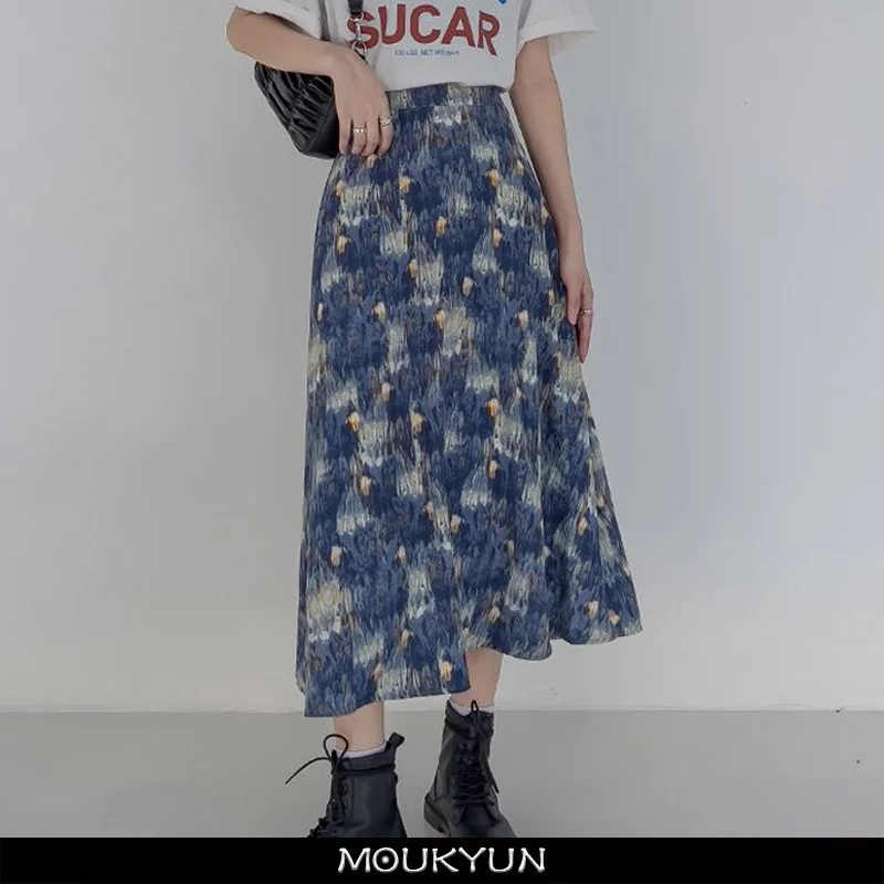 Женские юбки миди MOUKYUN с принтом трапециевидной формы, летние универсальные платья в корейском стиле для молодых девушек, Популярные летние платья-фалды