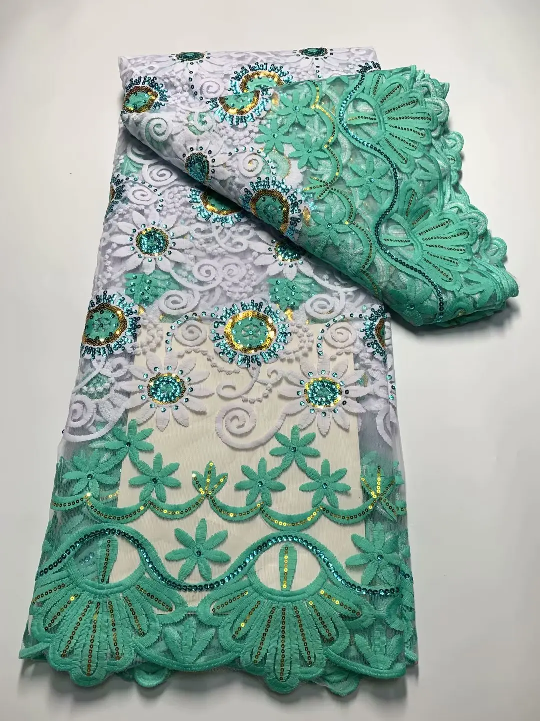 ЗЕЛЕНО-БЕЛАЯ Африканская кружевная ткань с 3D блестками, высококачественная Французская тюлевая кружевная ткань, Нигерийский кружевной материал, 5 ярдов для свадебного платья