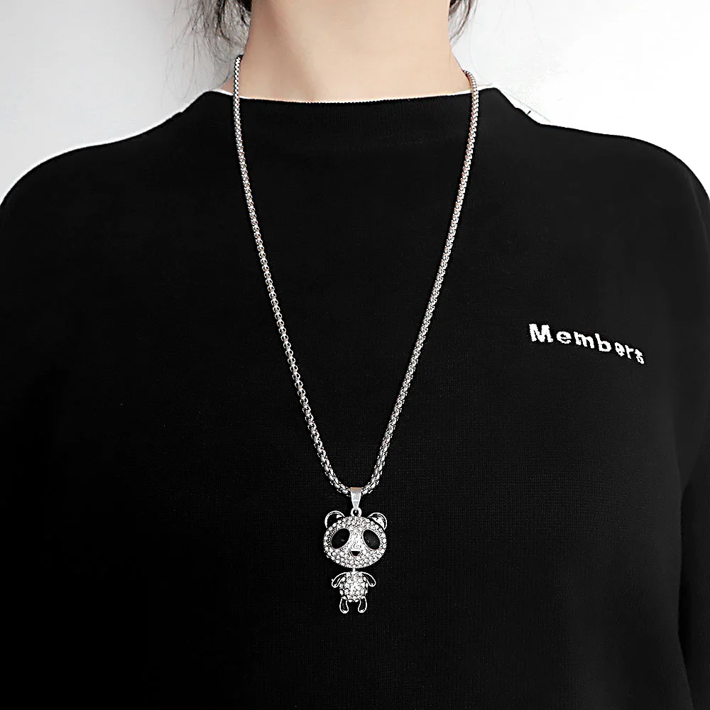 Классическая женская подвеска в виде панды с подвижной головкой из горного хрусталя, цепочка для свитера, ожерелье для женщин, Очаровательное ожерелье, ювелирные изделия