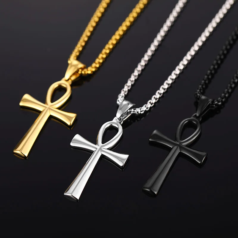 Классический кулон с крестом Анк, Нержавеющая сталь, Золото, черный, Египетский Ключ жизни, ожерелье, мужские, женские украшения в стиле хип-хоп