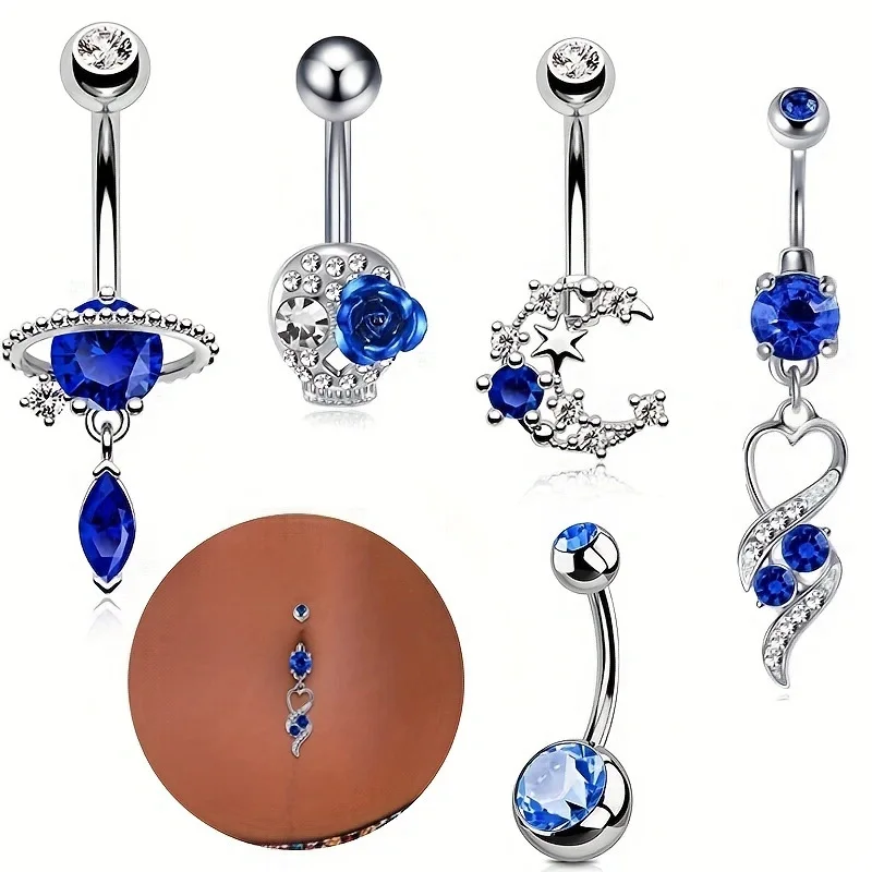 Кольца для пупка с кристаллами синего цвета, Луна, Сердце, Звезда, Череп, Пирсинг пупка, Омблиго, Ювелирные изделия для женщин и девочек