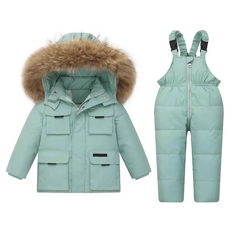 Комплект детской одежды, зимний Водонепроницаемый пуховик -30 градусов для девочек, детская верхняя одежда, пальто + комбинезон для мальчиков, детский зимний комбинезон