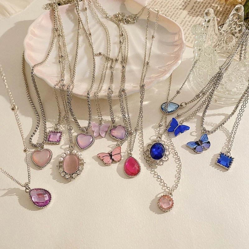 Комплект из 5 предметов, Винтажное модное ожерелье с кристаллами, Женское изысканное ожерелье с бабочкой и каплей воды, Круглое Квадратное ожерелье с кристаллами, подарки
