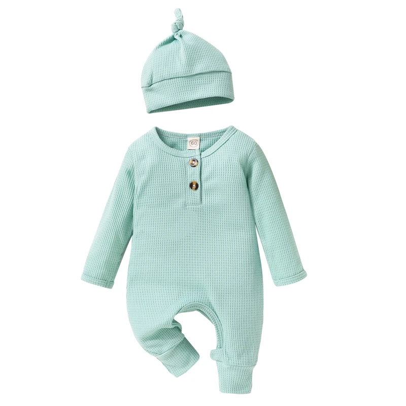 Комплект Одежды для новорожденных Мальчиков и девочек, Комбинезон для новорожденных, Шапка из рубчатого трикотажа с длинным рукавом и пуговицами, Однотонный Боди-комбинезон