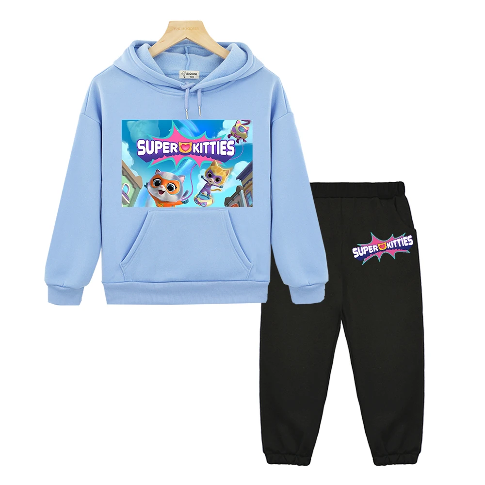 Комплекты с капюшоном Super Kitties, детская бутик-одежда, флисовая толстовка, повседневная куртка, осенний пуловер, аниме-толстовка y2k для мальчиков и девочек