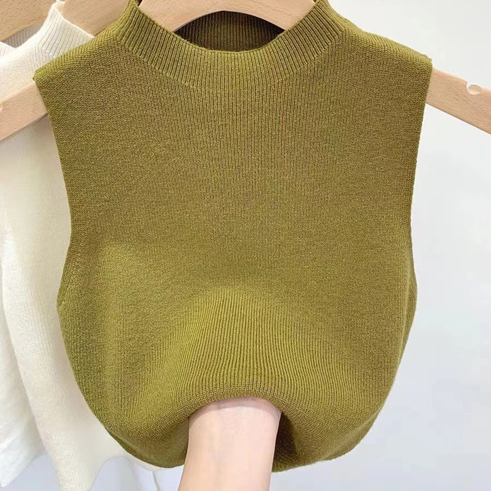 Корейский однотонный свитер-жилет для женщин Винтажный укороченный жилет Вязаный Мини-жилет Повседневная уличная одежда Harajuku Одежда Осенний топ