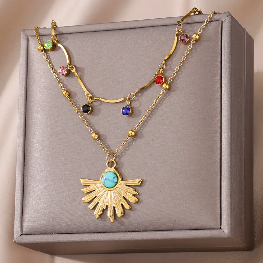 Красочные ожерелья из листьев циркона из нержавеющей стали для женщин, эстетичное Золотое колье с двухслойной цепочкой, Элегантные ювелирные подарки