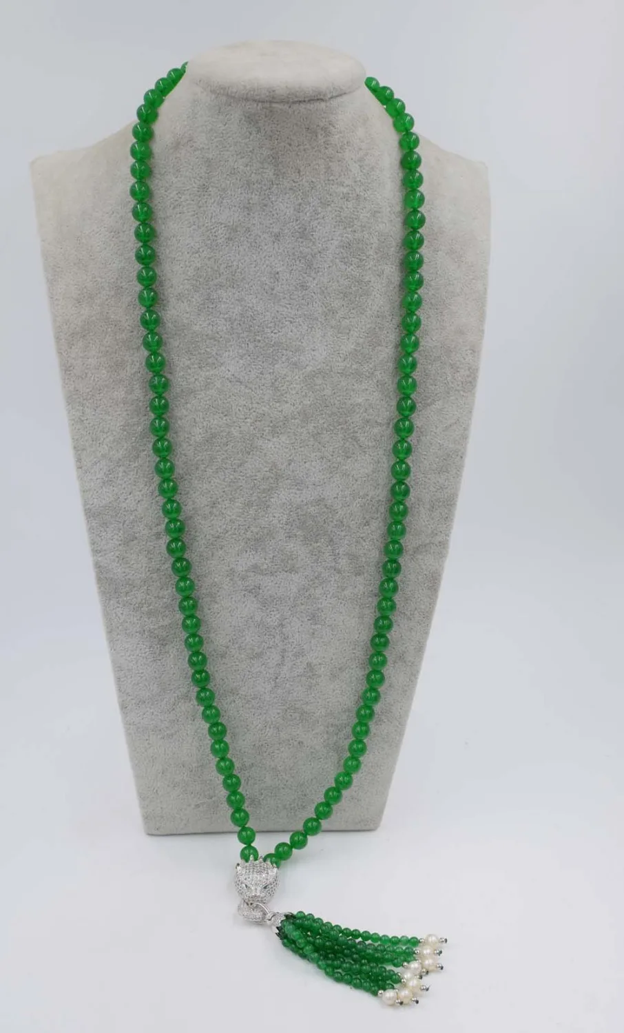 круглый зеленый нефрит 8 мм и белый жемчуг, почти круглое ожерелье с леопардовой застежкой, 33 дюйма, оптовые бусины, подарок от природы, скидка