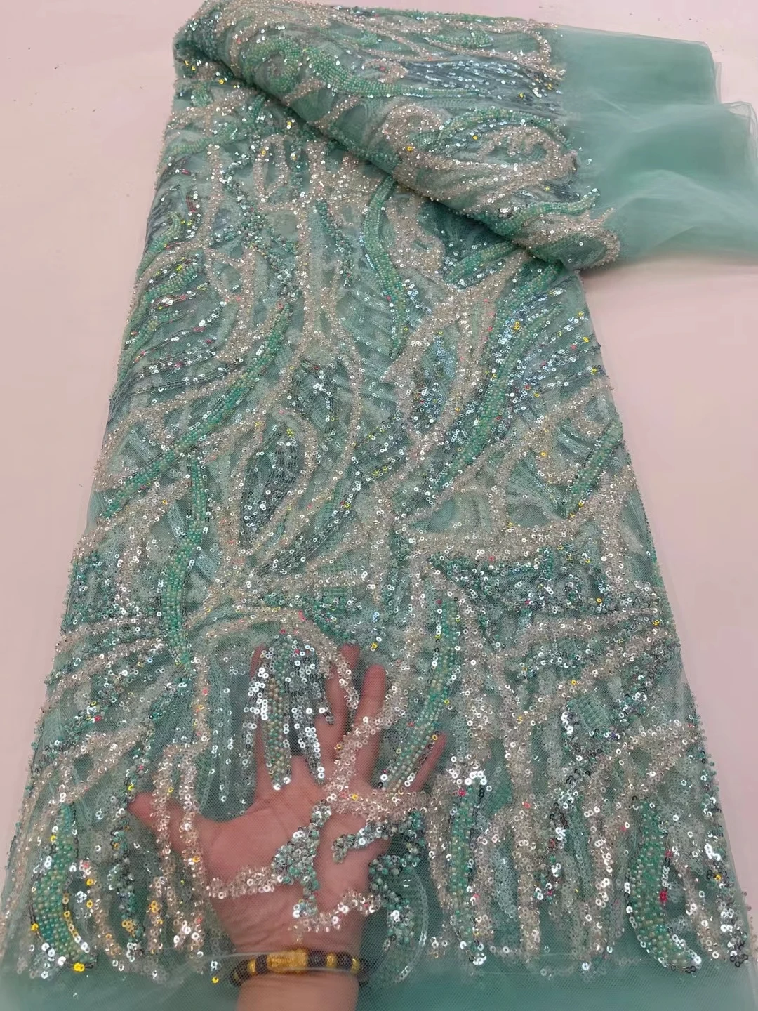 Кружевная ткань из бисера, роскошные свадебные Тяжелые хрустальные бусины для свадебного платья, Высококачественная Французская тюлевая сетка с блестками, синий Сетчатый материал