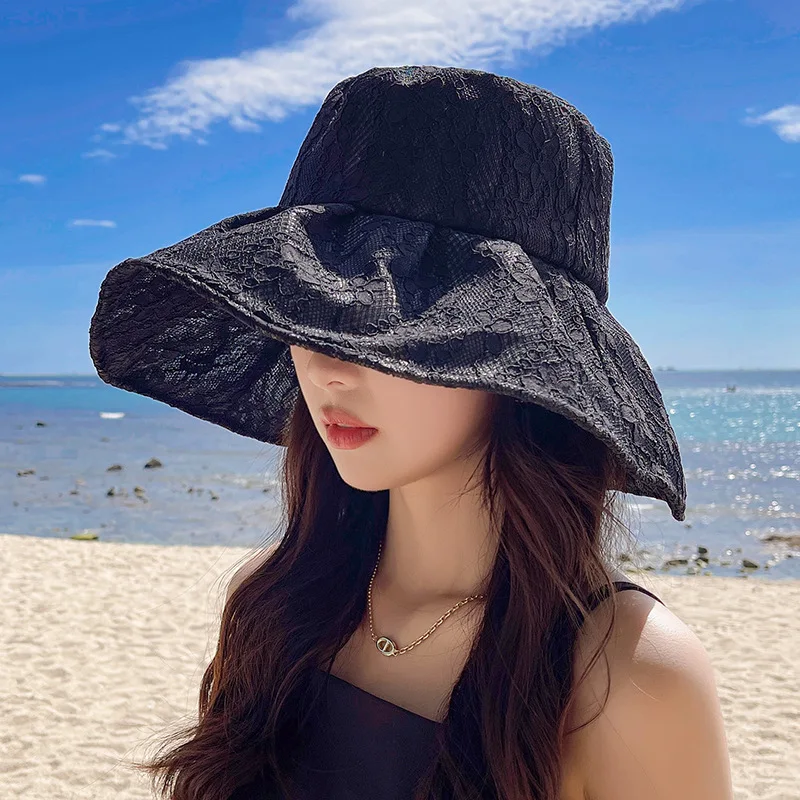 Летняя пляжная шляпа с цветочным кружевом, праздничный жемчужный солнцезащитный козырек, Широкополая гибкая шляпа, кепка для девочек, Рыбацкая шляпа, Черная панама для женщин