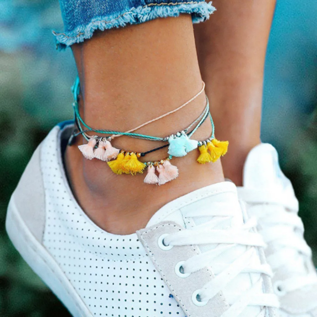 Летняя прохладная цветовая линия, кисточки, Многослойные украшения для ножных браслетов, Новая мода, простая универсальная цепочка для женских ножных браслетов 2023