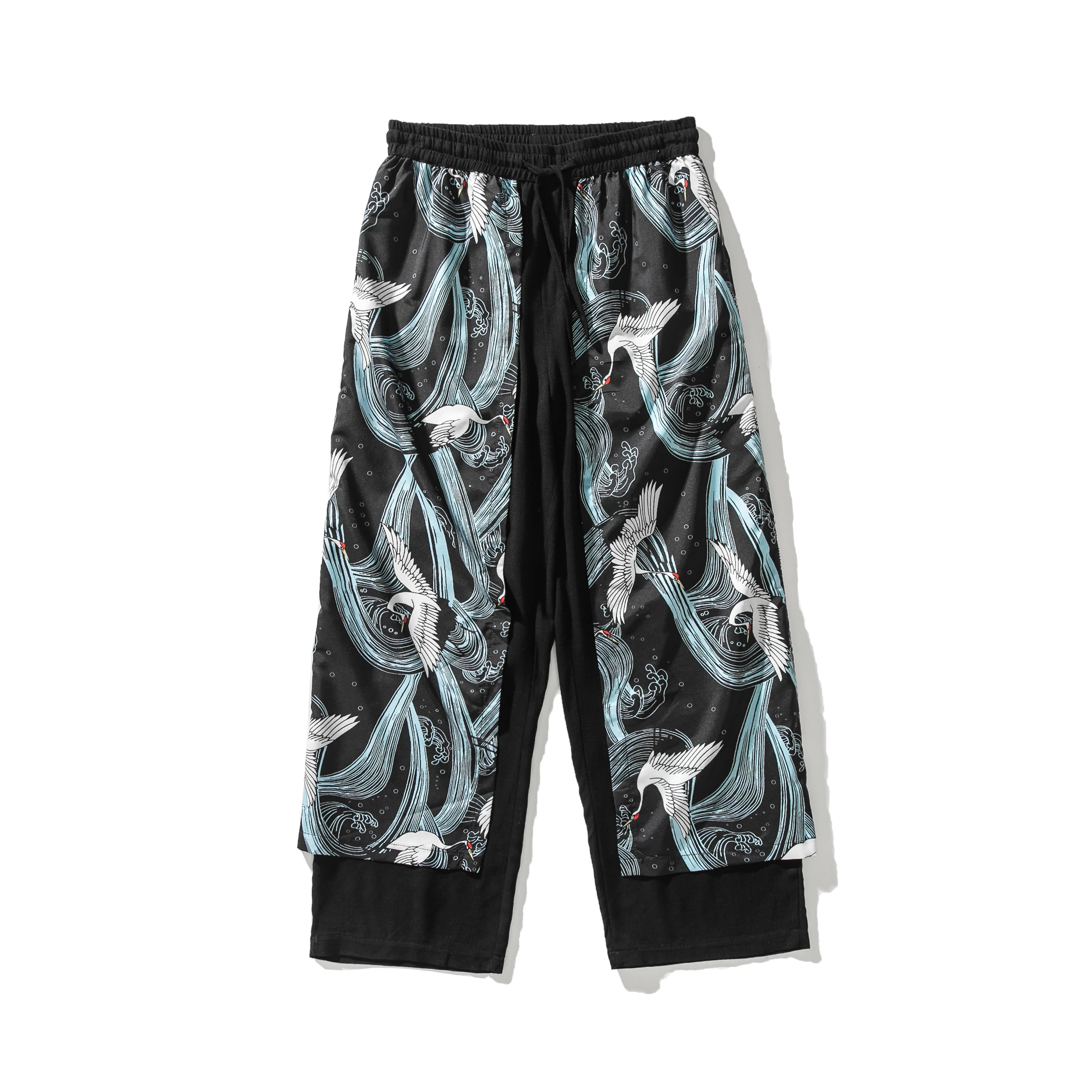 Льняные свободные укороченные брюки с принтом журавля в китайском стиле, ультратонкие прямые широкие мужские летние брюки